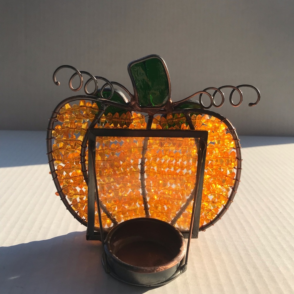 Vintage Beaded Pumpkin With Stained Glass Stem Tea Light Candle Holder 5… - Picture 2 of 5
